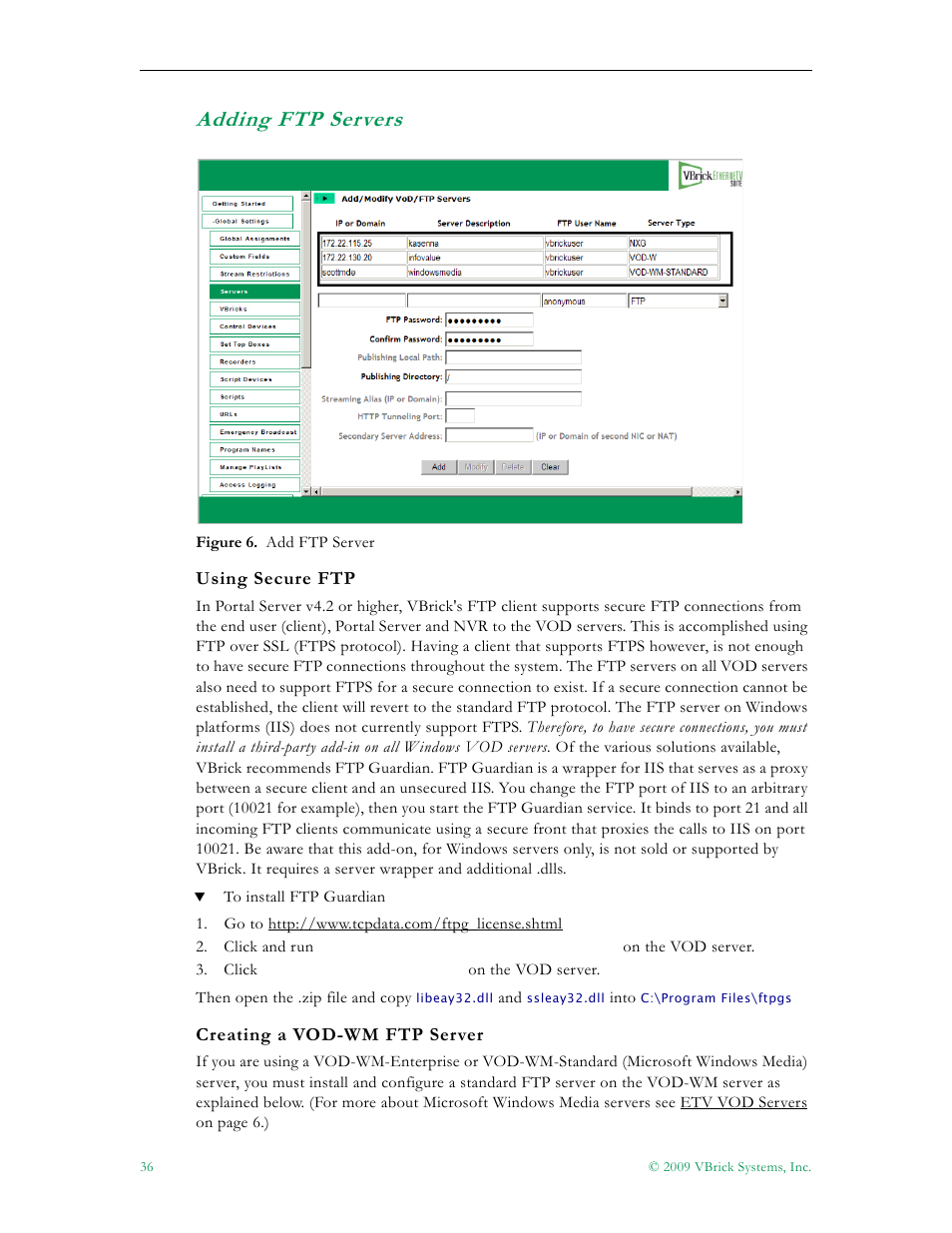 Adding ftp servers | VBrick Systems ETHERNETV 4410-0118-0009 User Manual | Page 48 / 202