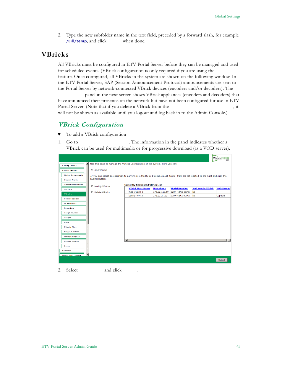 Vbricks, Vbrick configuration | VBrick Systems ETHERNETV 4410-0118-0009 User Manual | Page 55 / 202