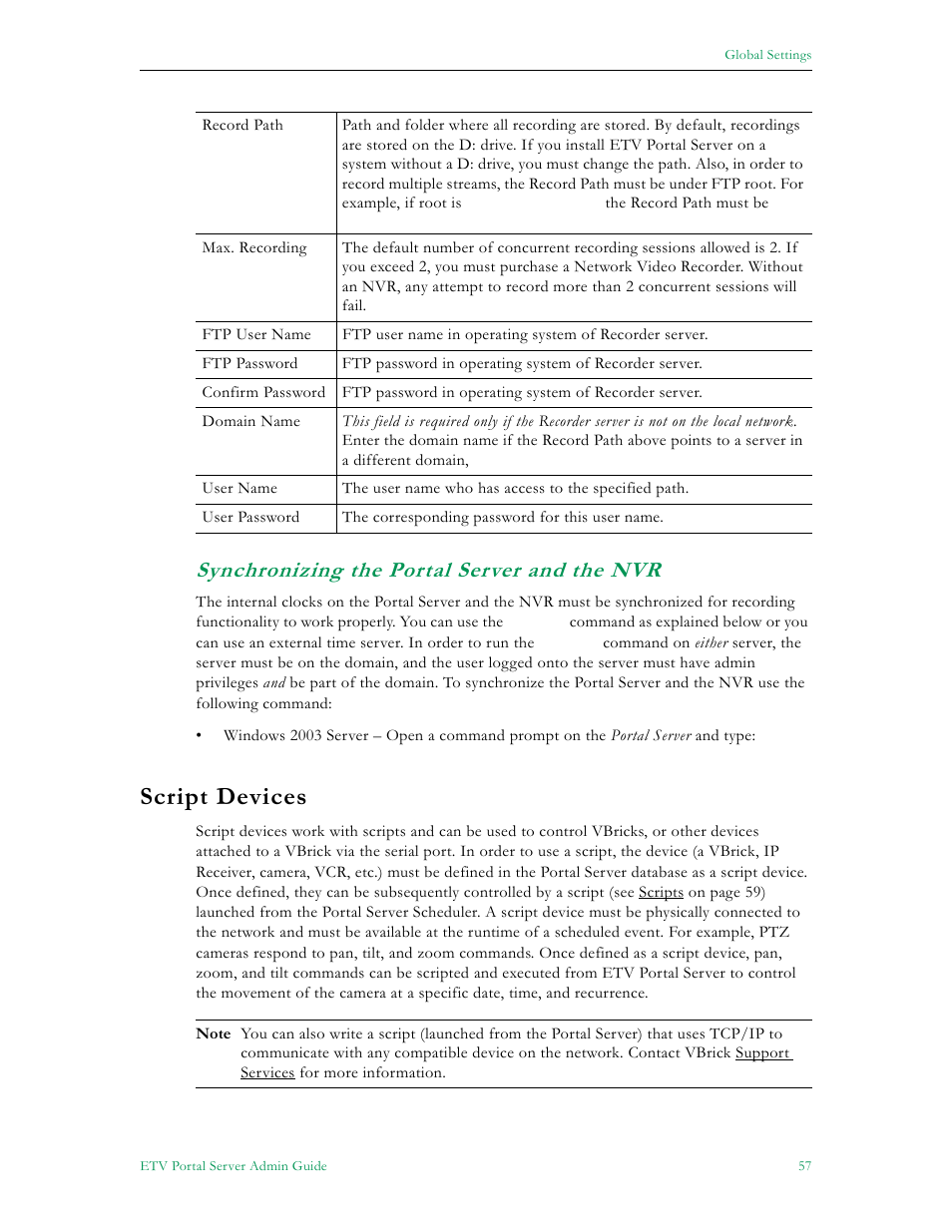 Synchronizing the portal server and the nvr, Script devices | VBrick Systems ETHERNETV 4410-0118-0009 User Manual | Page 69 / 202