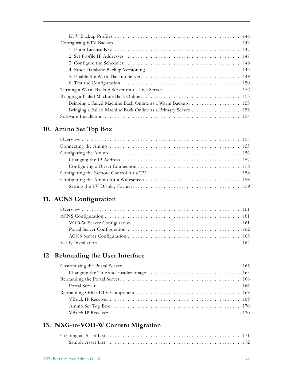 Amino set top box, Acns configuration, Rebranding the user interface | Nxg-to-vod-w content migration | VBrick Systems ETHERNETV 4410-0118-0009 User Manual | Page 7 / 202