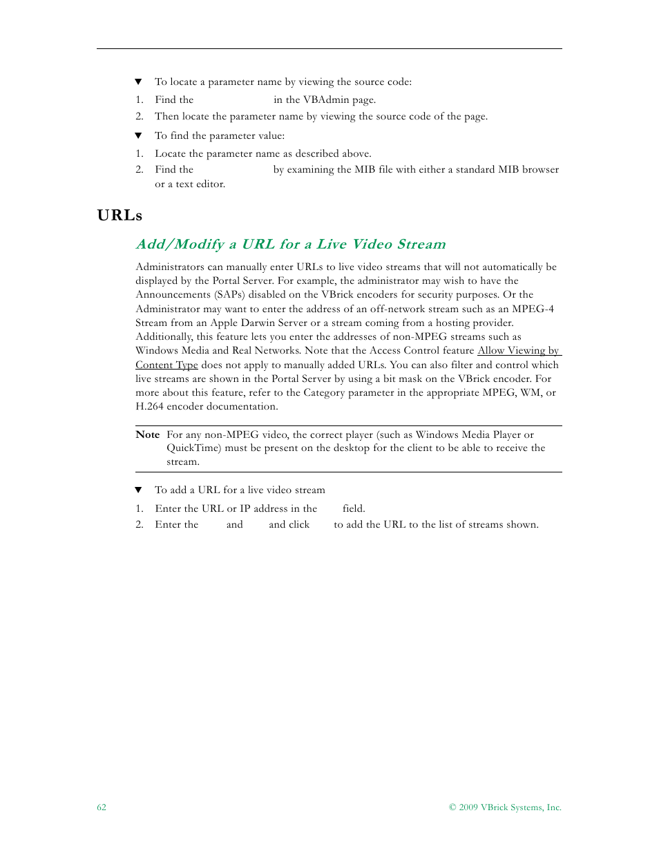 Urls, Add/modify a url for a live video stream | VBrick Systems ETHERNETV 4410-0118-0009 User Manual | Page 74 / 202