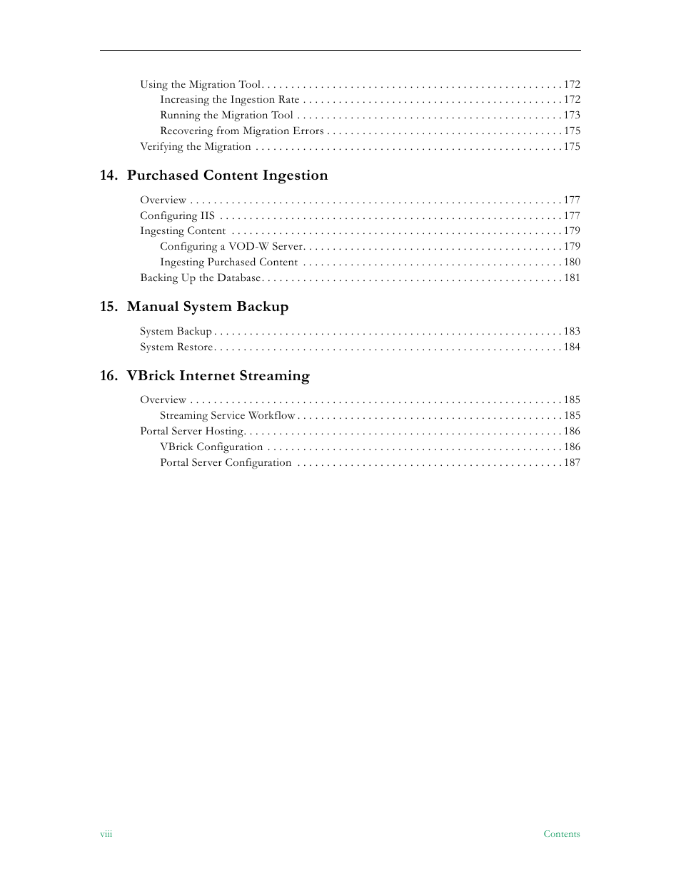Purchased content ingestion, Manual system backup, Vbrick internet streaming | VBrick Systems ETHERNETV 4410-0118-0009 User Manual | Page 8 / 202