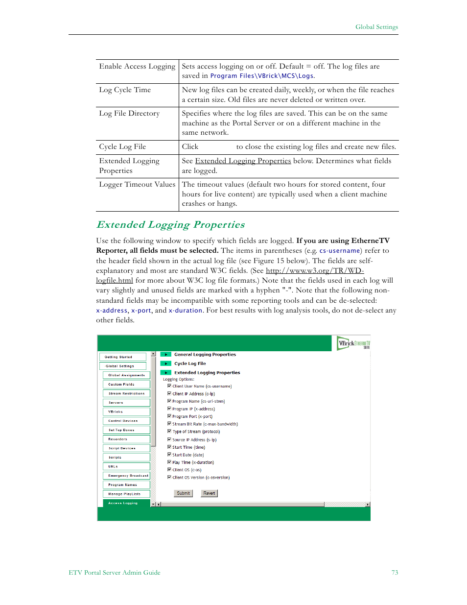 Extended logging properties | VBrick Systems ETHERNETV 4410-0118-0009 User Manual | Page 85 / 202