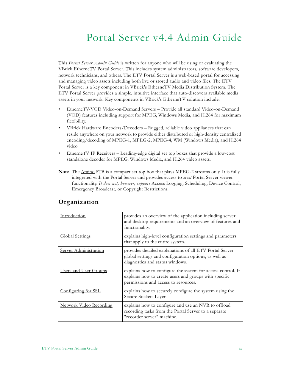 Portal server v4.4 admin guide, Organization | VBrick Systems ETHERNETV 4410-0118-0009 User Manual | Page 9 / 202
