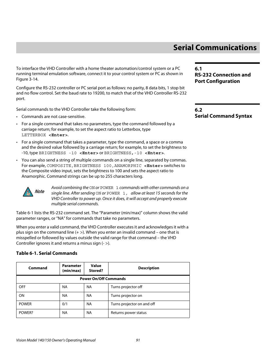 6 serial communications, 1 rs-232 connection and port configuration, 2 serial command syntax | Table 6-1 . serial commands, Serial communications, Rs-232 connection and port configuration, Serial command syntax, Pre l iminar y | Vidikron 140/150 User Manual | Page 103 / 114