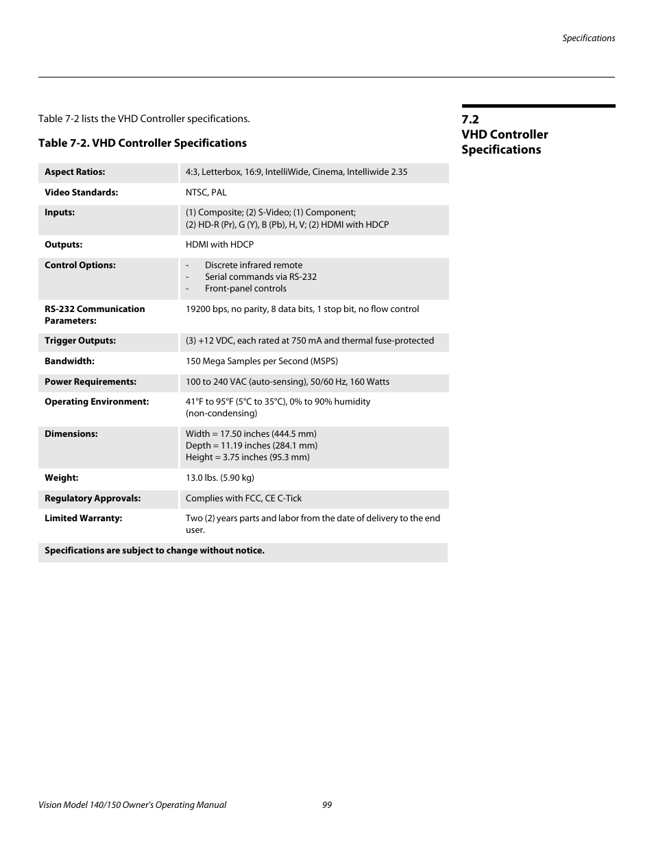 2 vhd controller specifications, Table 7-2 . vhd controller specifications, Vhd controller specifications | R to table 7-2 | Vidikron 140/150 User Manual | Page 111 / 114