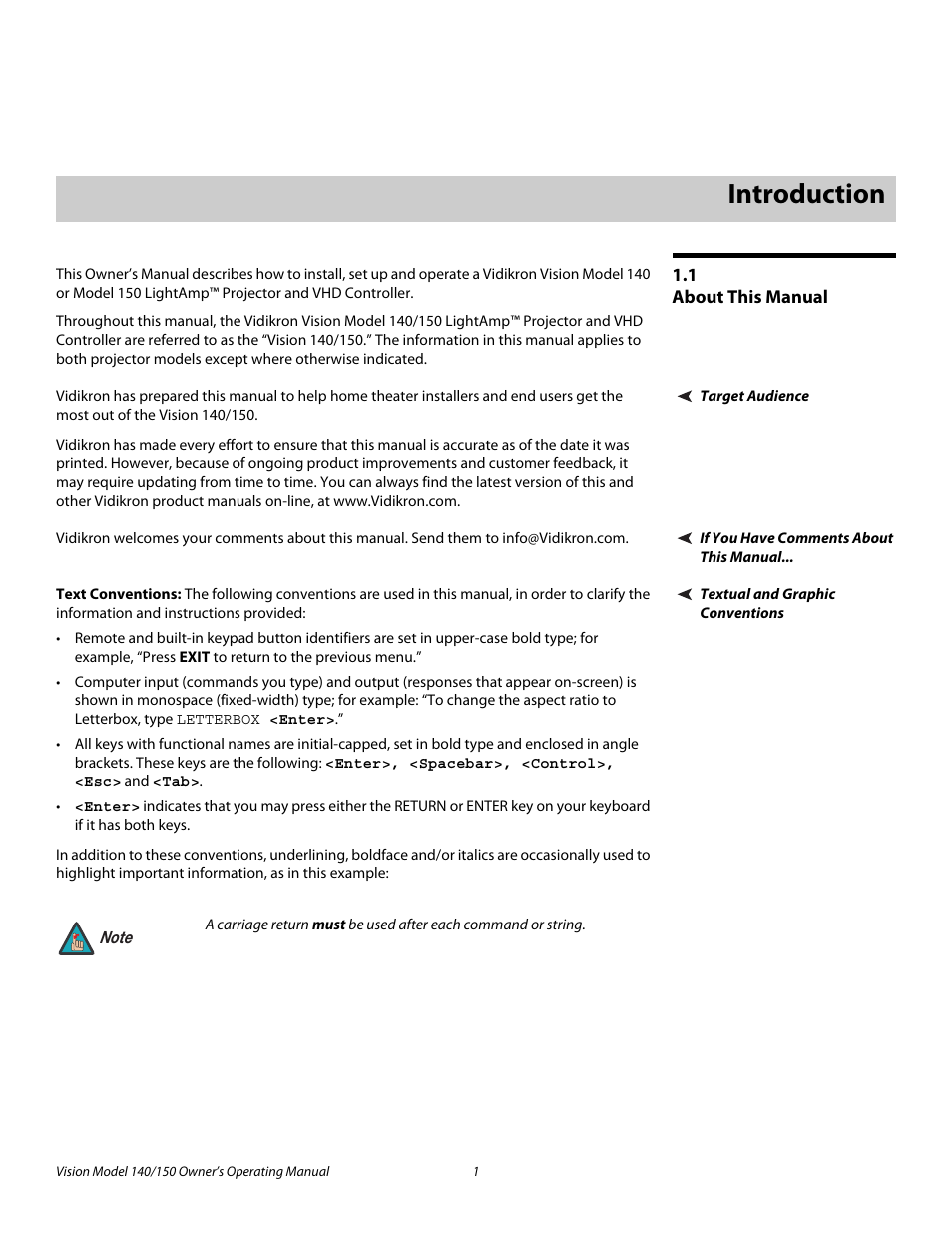 1 introduction, 1 about this manual, Target audience | If you have comments about this manual, Textual and graphic conventions, Text conventions, Introduction, About this manual, Pre l iminar y | Vidikron 140/150 User Manual | Page 13 / 114