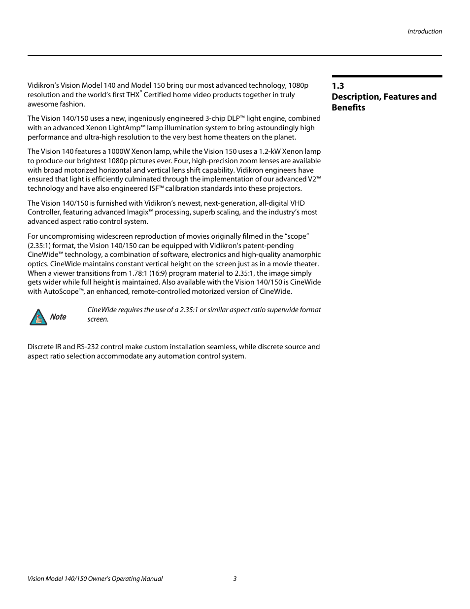 3 description, features and benefits, Description, features and benefits, Pre l iminar y | Vidikron 140/150 User Manual | Page 15 / 114