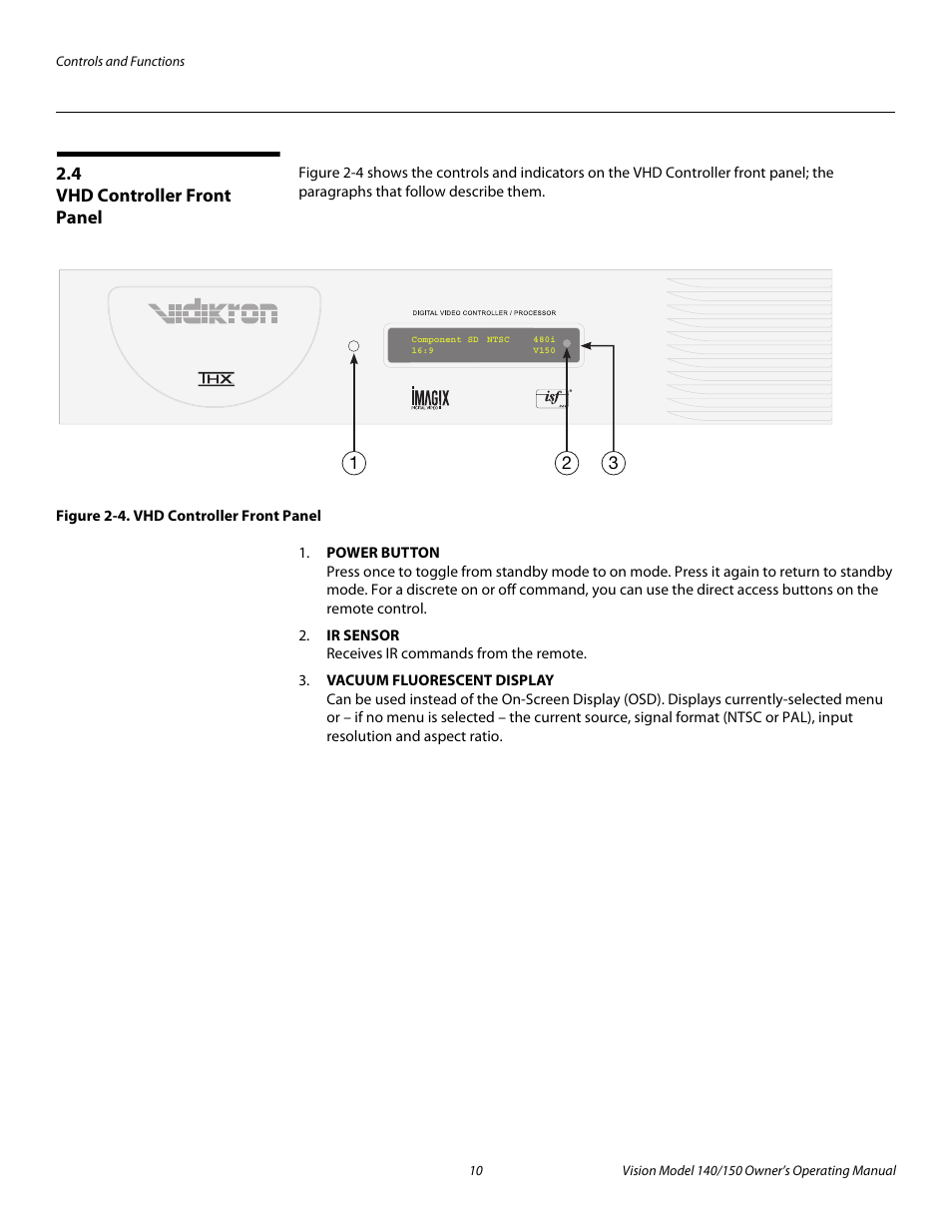 4 vhd controller front panel, Figure 2-4 . vhd controller front panel, Vhd controller front panel | 4. vhd controller front panel, Pre l iminar y | Vidikron 140/150 User Manual | Page 22 / 114