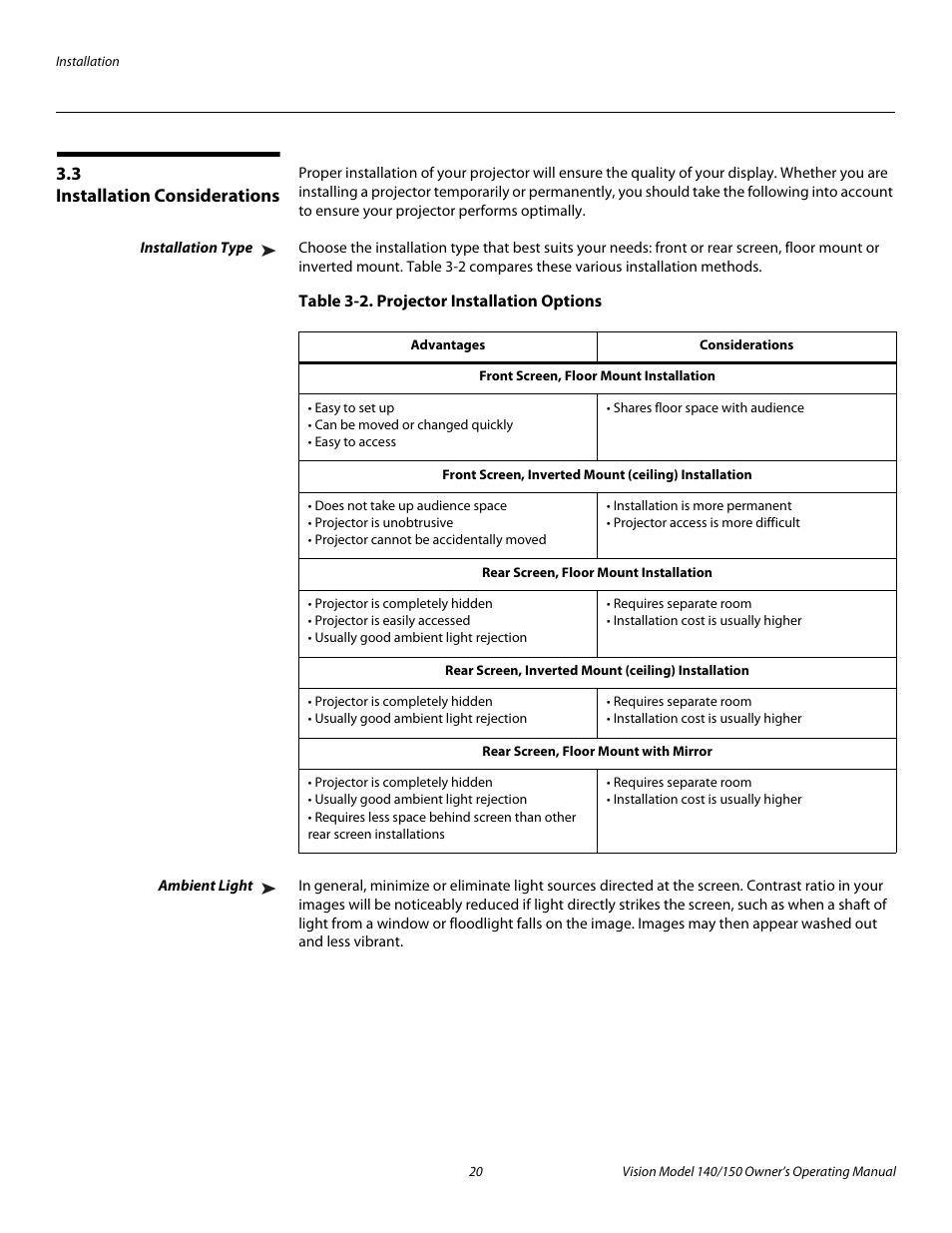 3 installation considerations, Installation type, Table 3-2 . projector installation options | Ambient light, Installation considerations, Pre l iminar y | Vidikron 140/150 User Manual | Page 32 / 114