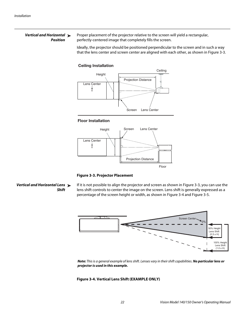 Vertical and horizontal position, Figure 3-3 . projector placement, Vertical and horizontal lens shift | Figure 3-4 . vertical lens shift (example only), 3. projector placement, 4. vertical lens shift (example only), Pre l iminar y | Vidikron 140/150 User Manual | Page 34 / 114