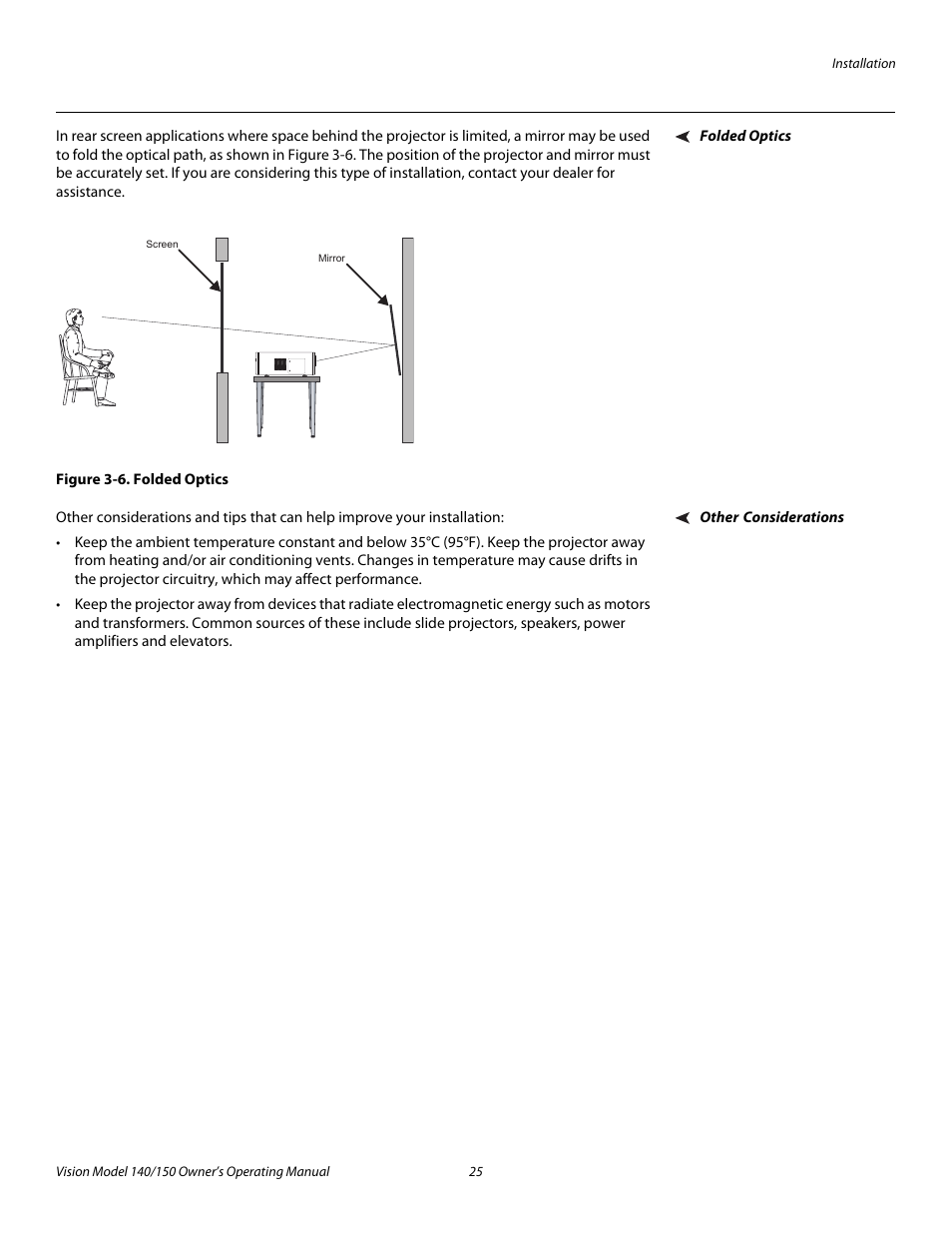 Folded optics, Figure 3-6 . folded optics, Other considerations | 6. folded optics, Pre l iminar y | Vidikron 140/150 User Manual | Page 37 / 114