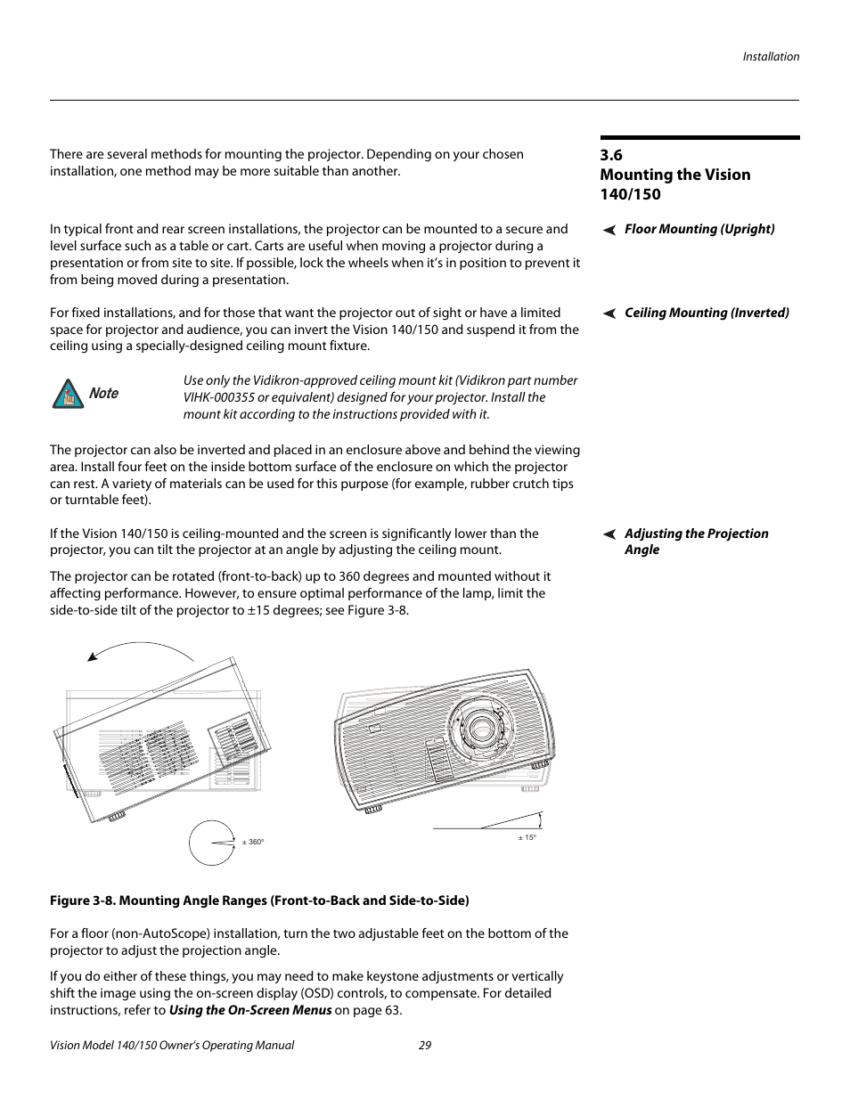 6 mounting the vision 140/150, Floor mounting (upright), Ceiling mounting (inverted) | Adjusting the projection angle, Mounting the vision 140/150, Iminar, Pre l iminar y | Vidikron 140/150 User Manual | Page 41 / 114