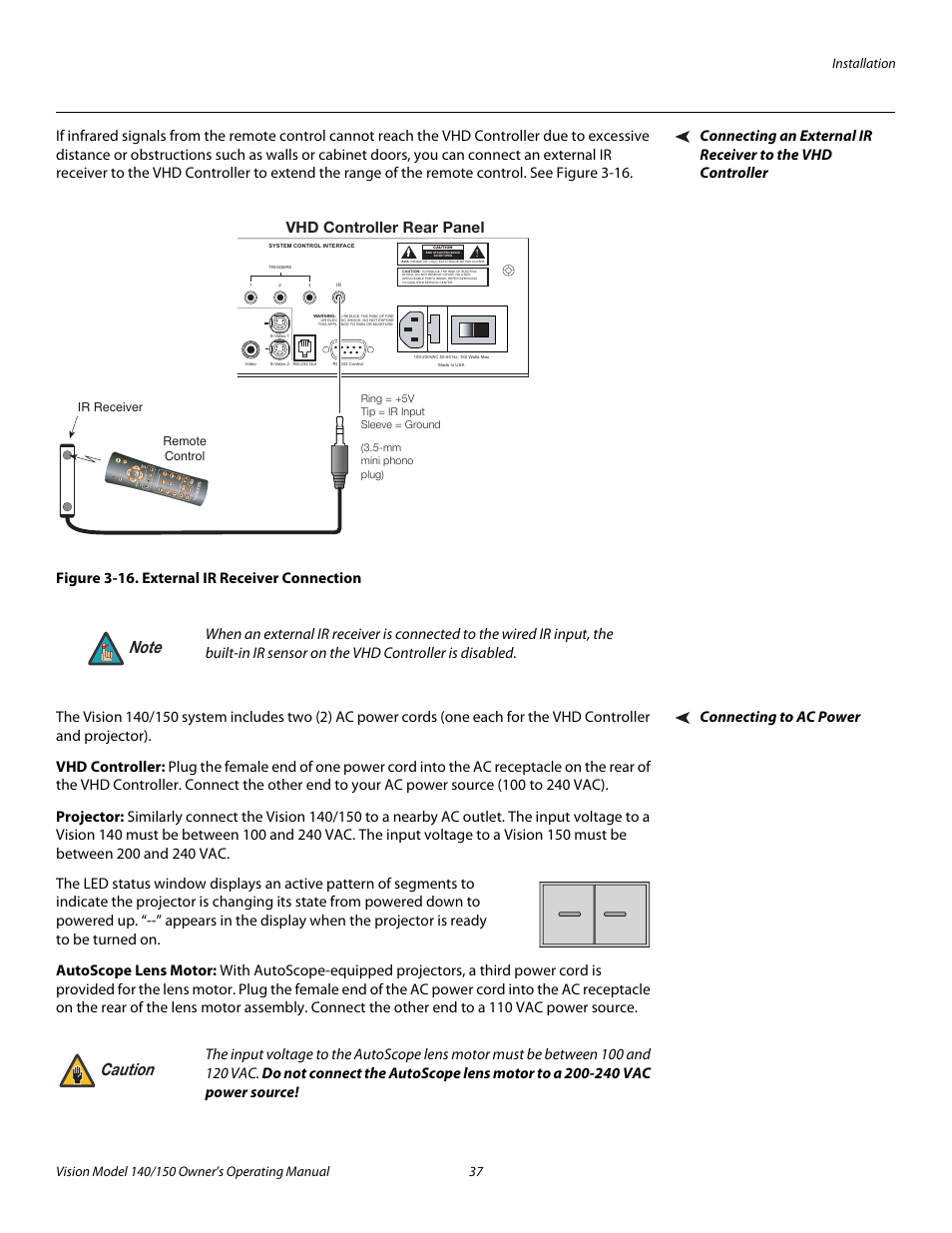 Figure 3-16 . external ir receiver connection, Connecting to ac power, Vhd controller | Projector, Autoscope lens motor, 16. external ir receiver connection, Pre l iminar y | Vidikron 140/150 User Manual | Page 49 / 114