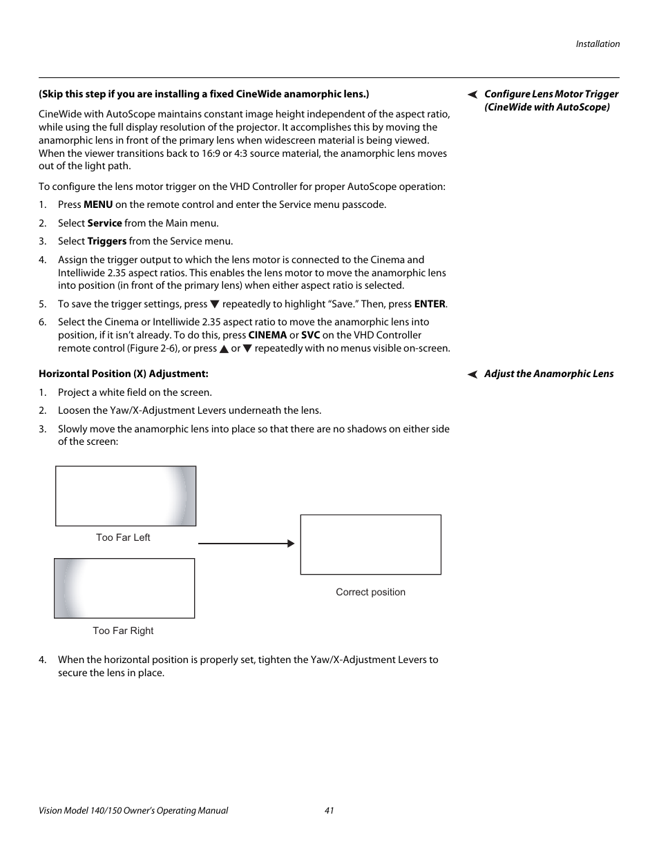 Adjust the anamorphic lens, Horizontal position (x) adjustment, Pre l iminar y | Vidikron 140/150 User Manual | Page 53 / 114