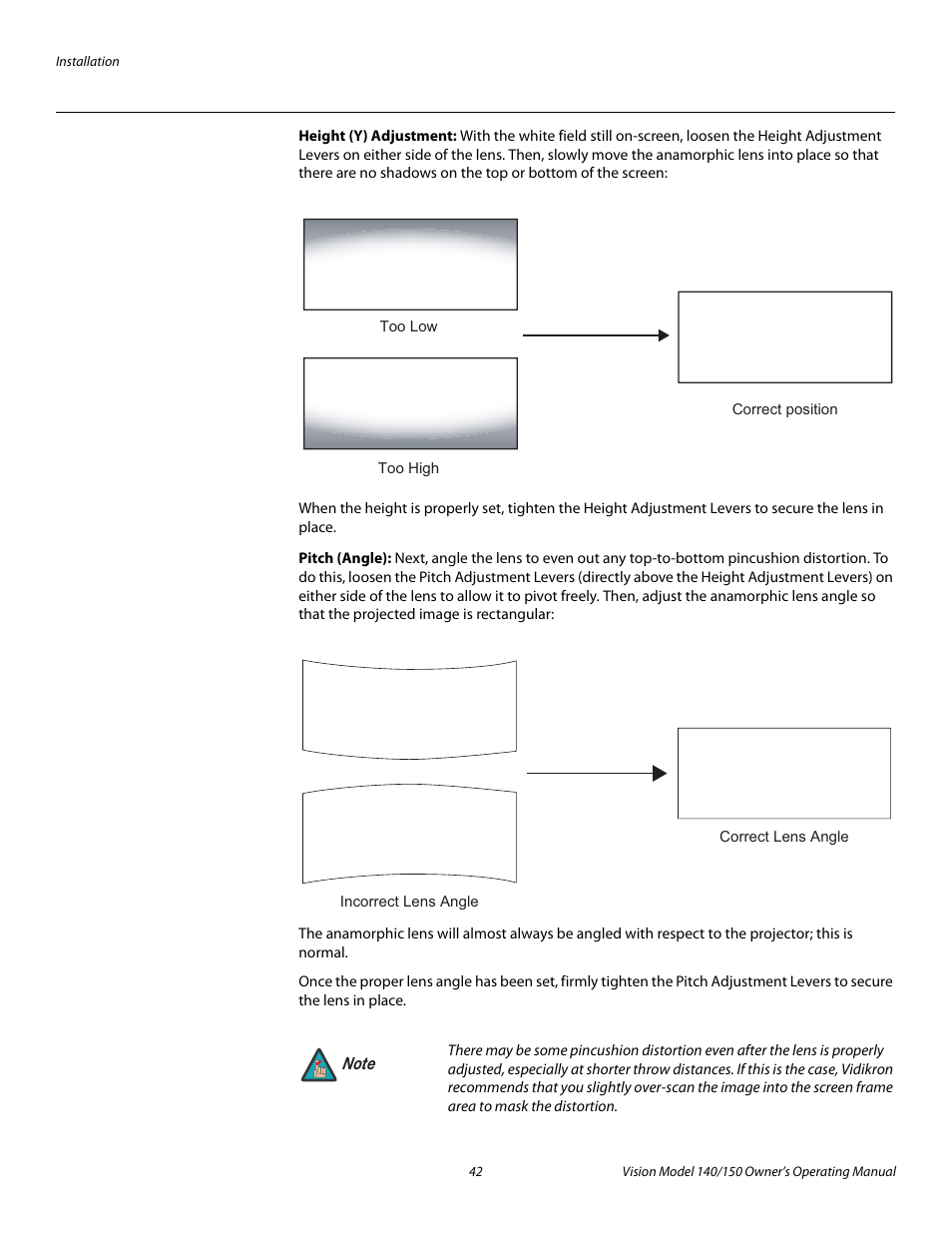 Height (y) adjustment, Pitch (angle), Pre l iminar y | Vidikron 140/150 User Manual | Page 54 / 114