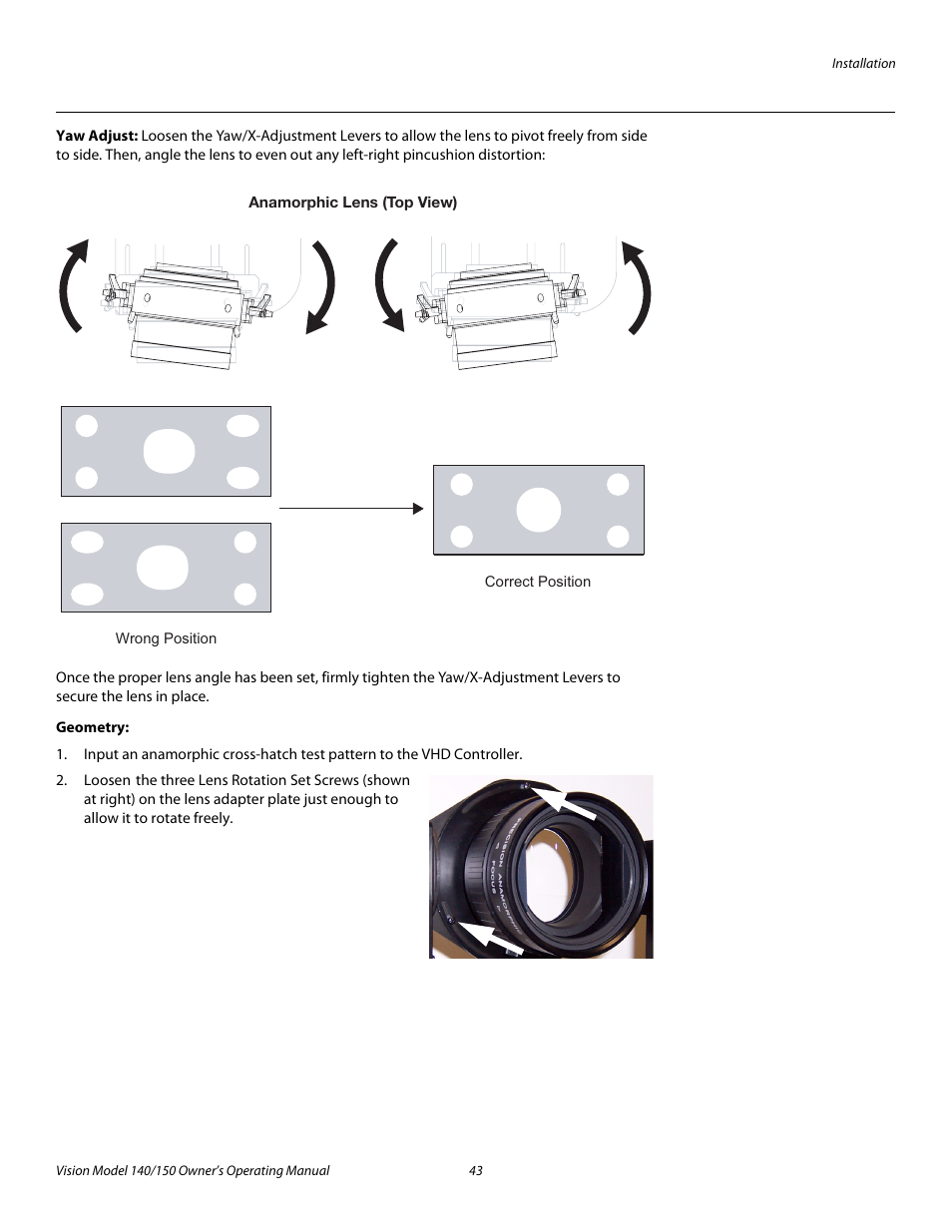 Yaw adjust, Geometry, Pre l iminar y | Vidikron 140/150 User Manual | Page 55 / 114