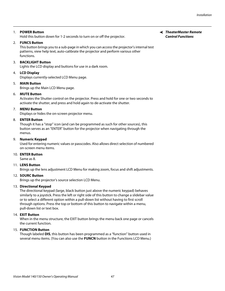 Theatermaster remote control functions, Pre l iminar y | Vidikron 140/150 User Manual | Page 59 / 114