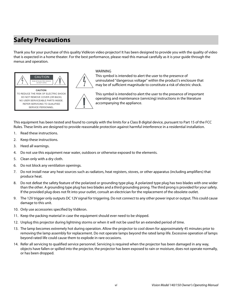 Safety precautions, Pre l iminar y | Vidikron 140/150 User Manual | Page 6 / 114