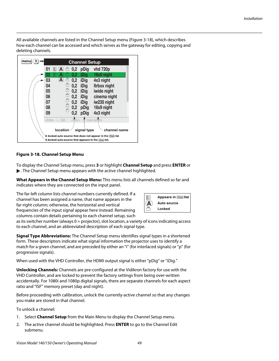 Figure 3-18 . channel setup menu, What appears in the channel setup menu, Signal type abbreviations | Unlocking channels, 18. channel setup menu, Pre l iminar y | Vidikron 140/150 User Manual | Page 61 / 114