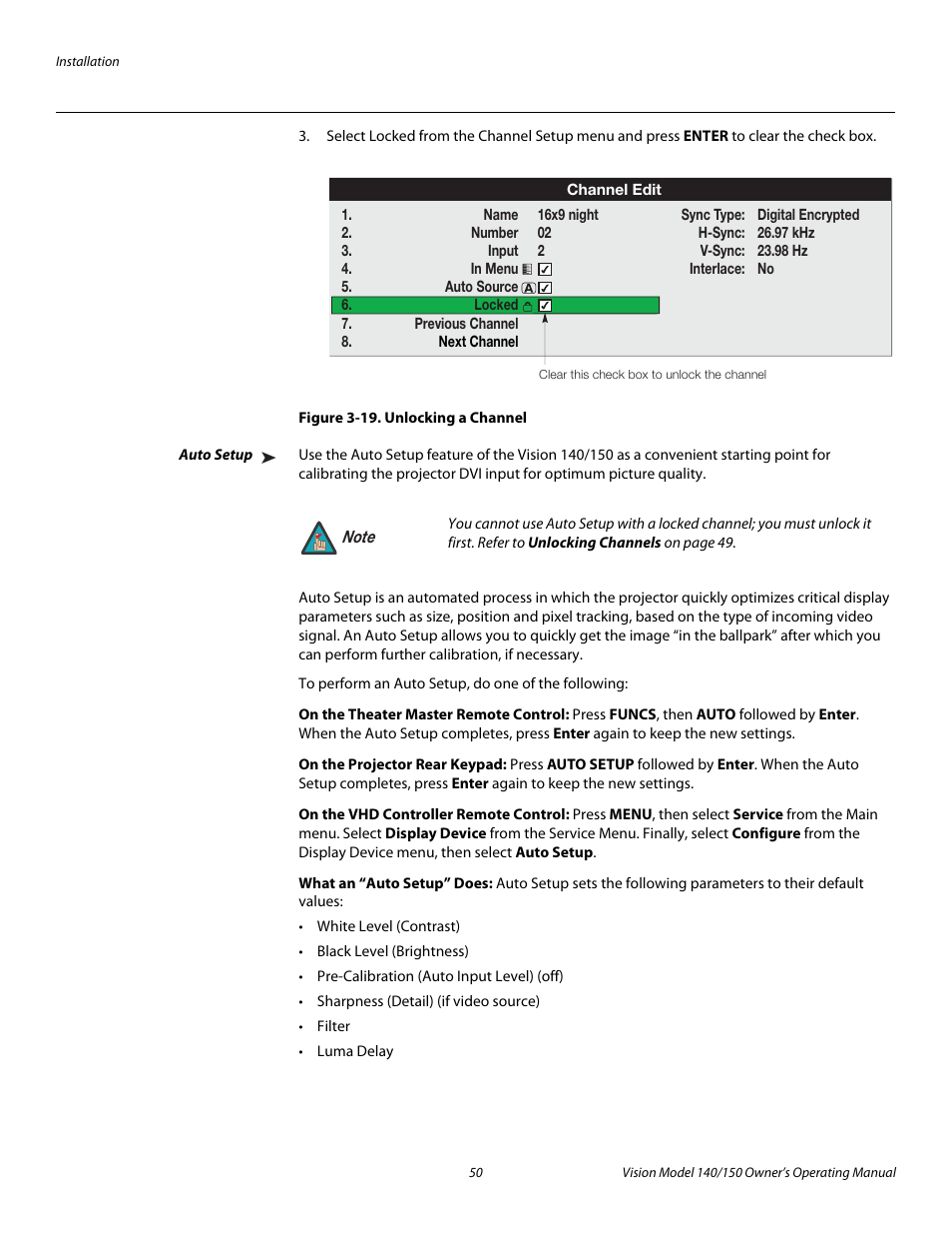 Figure 3-19 . unlocking a channel, Auto setup, On the theater master remote control | On the projector rear keypad, On the vhd controller remote control, What an “auto setup” does, 19. unlocking a channel, Pre l iminar y | Vidikron 140/150 User Manual | Page 62 / 114