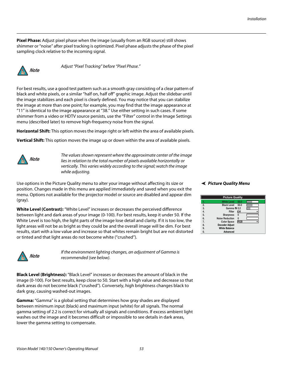 Pixel phase, Horizontal shift, Vertical shift | Picture quality menu, White level (contrast), Black level (brightness), Gamma, Pre l iminar y | Vidikron 140/150 User Manual | Page 65 / 114