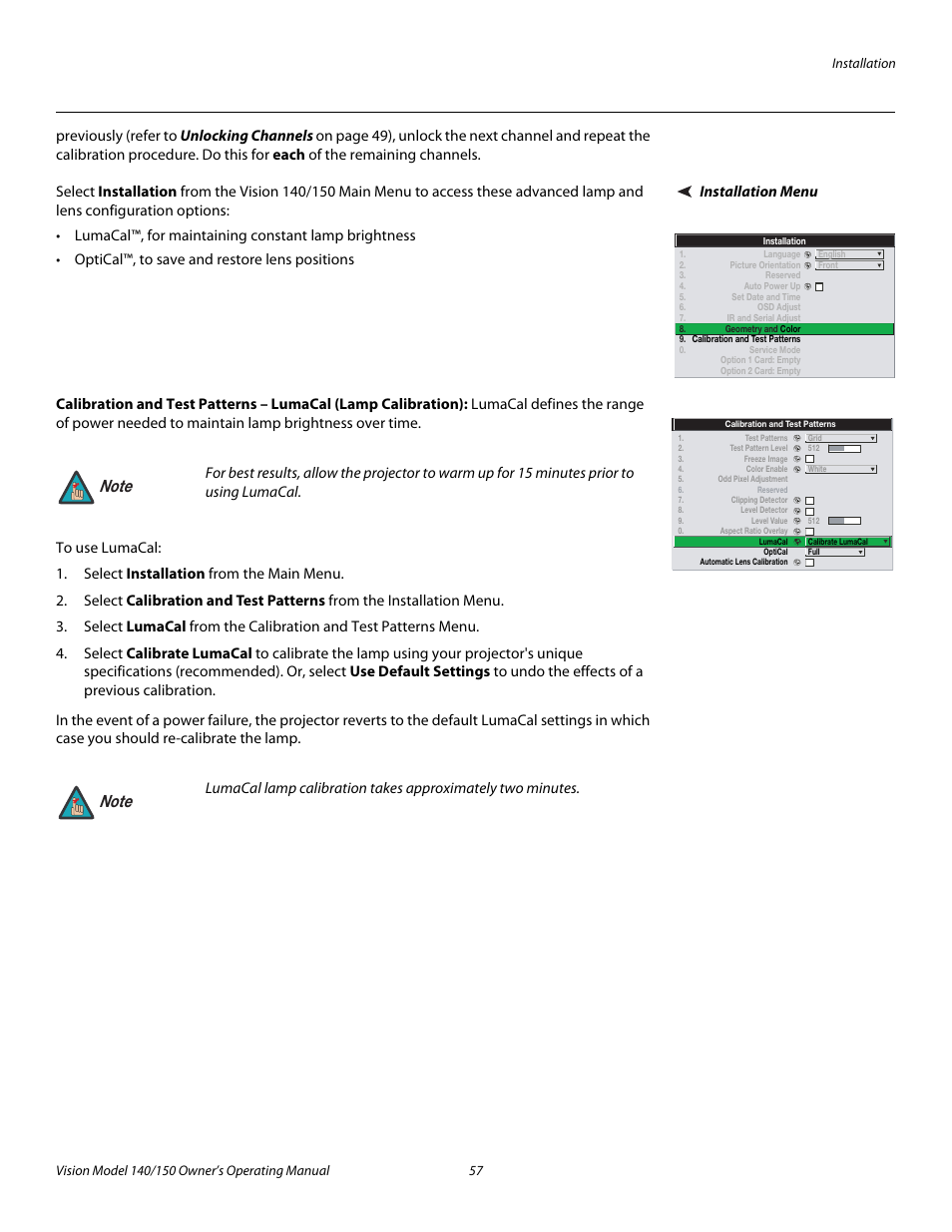 Installation menu, Pre l iminar y | Vidikron 140/150 User Manual | Page 69 / 114
