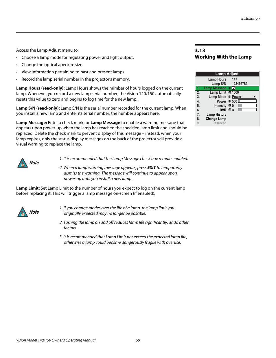 13 working with the lamp, Lamp hours (read-only), Lamp s/n (read-only) | Lamp message, Lamp limit, Working with the lamp, Pre l iminar y | Vidikron 140/150 User Manual | Page 71 / 114