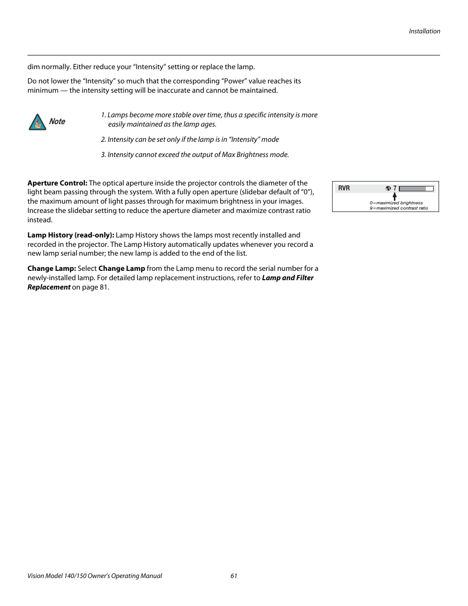 Aperture control, Lamp history (read-only), Change lamp | Pre l iminar y | Vidikron 140/150 User Manual | Page 73 / 114
