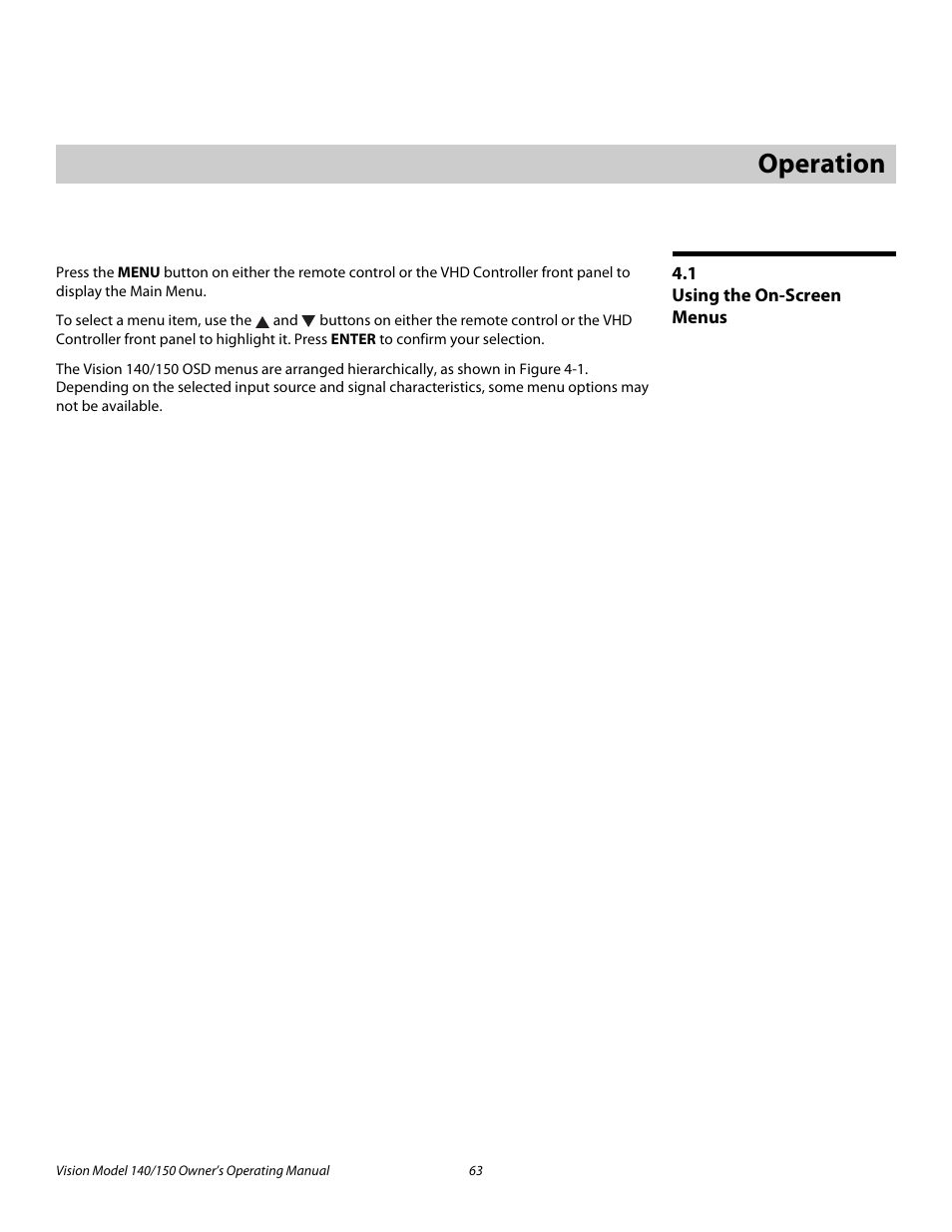 4 operation, 1 using the on-screen menus, Operation | Using the on-screen menus, Pre l iminar y | Vidikron 140/150 User Manual | Page 75 / 114