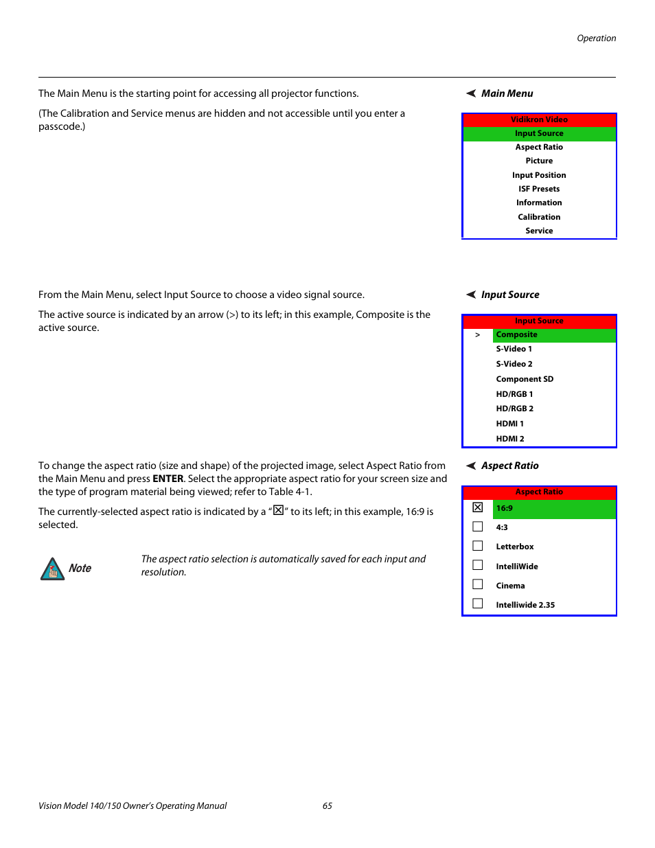 Main menu, Input source, Aspect ratio | 65 through, Pre l iminar y | Vidikron 140/150 User Manual | Page 77 / 114