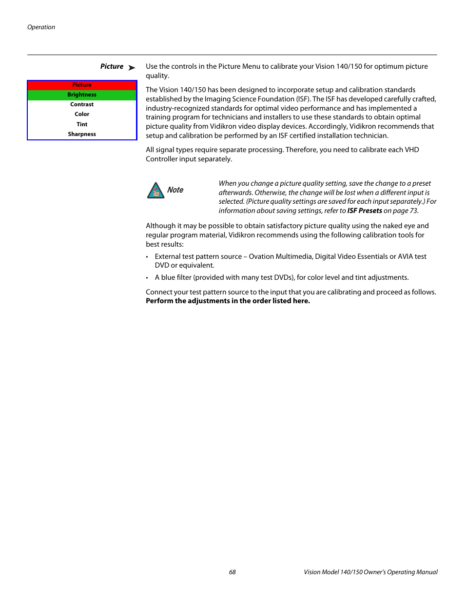 Picture, Pre l iminar y | Vidikron 140/150 User Manual | Page 80 / 114