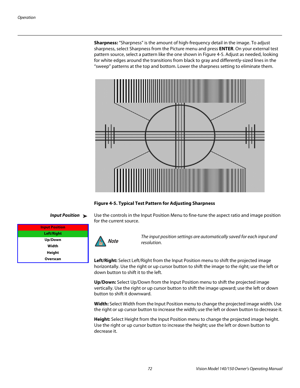 Sharpness, Input position, Left/right | Up/down, Width, Height, 5. typical test pattern for adjusting sharpness, Pre l iminar y | Vidikron 140/150 User Manual | Page 84 / 114