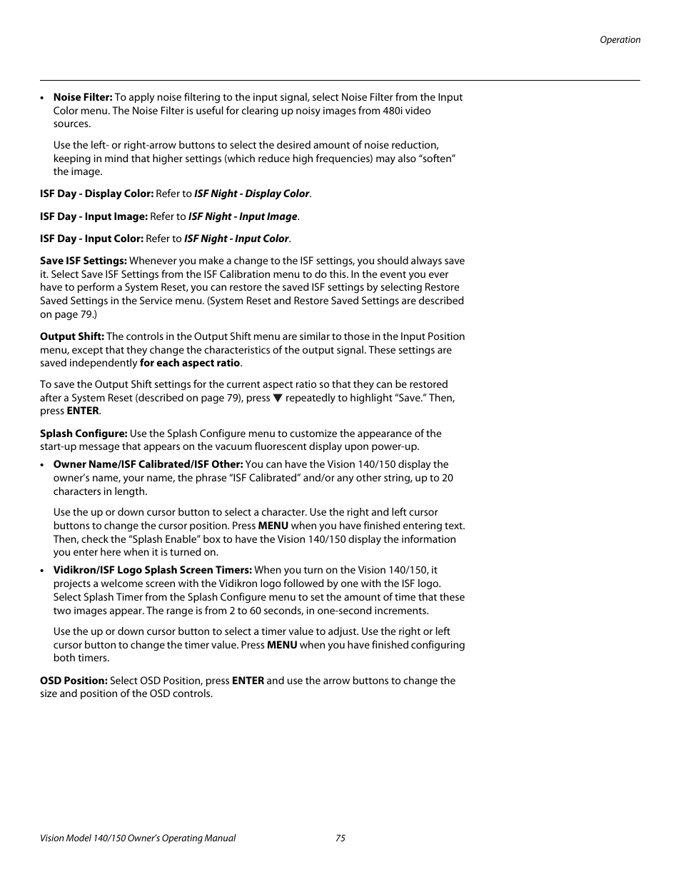 Isf day - display color, Isf day - input image, Isf day - input color | Save isf settings, Output shift, Splash configure, Osd position, Pre l iminar y | Vidikron 140/150 User Manual | Page 87 / 114