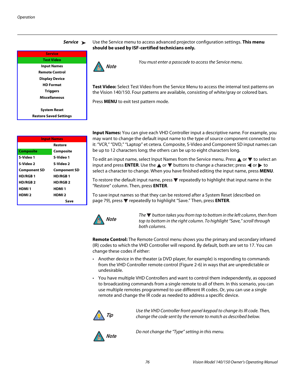 Service, Test video, Input names | Remote control, Pre l iminar y | Vidikron 140/150 User Manual | Page 88 / 114