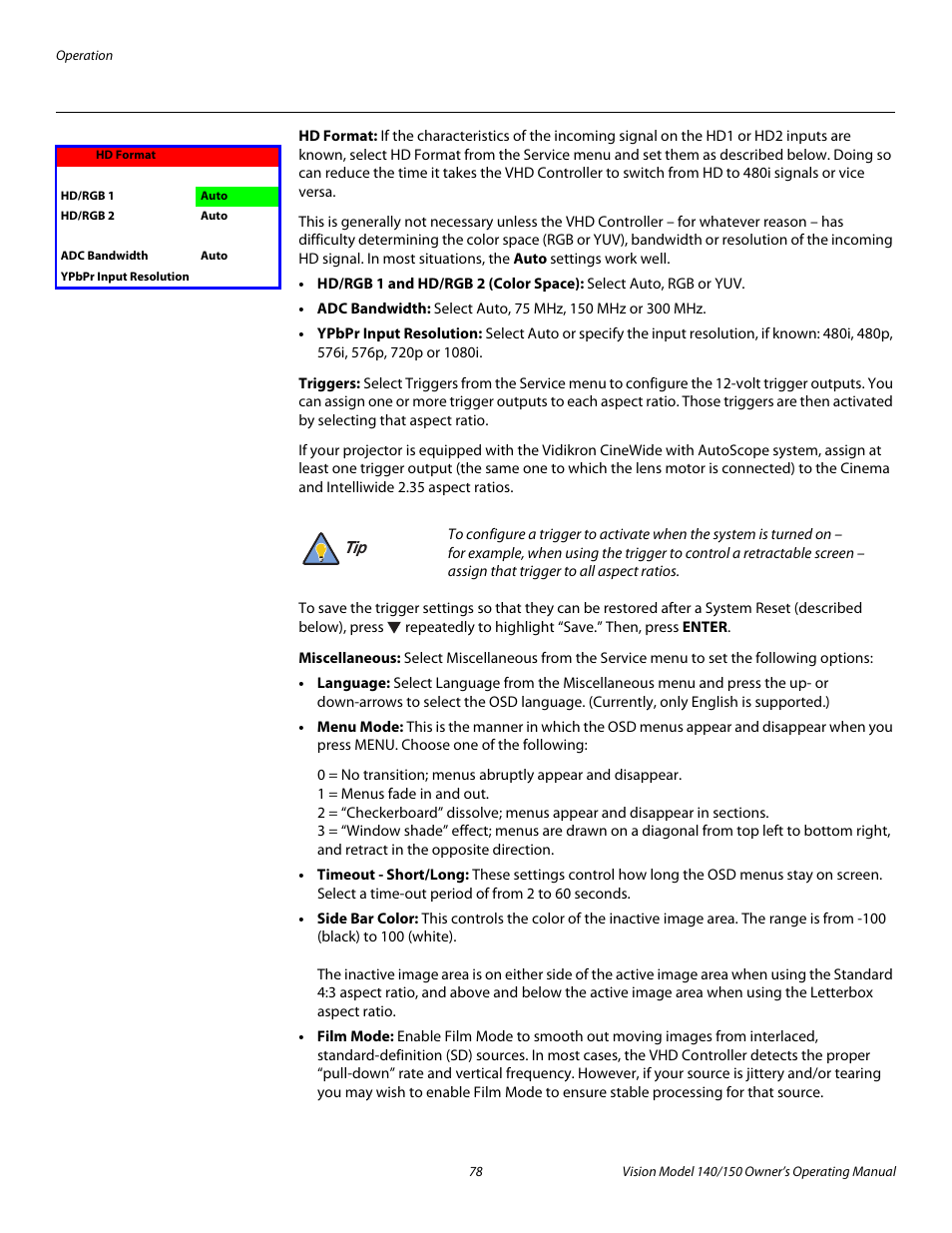 Hd format, Triggers, Miscellaneous | Pre l iminar y | Vidikron 140/150 User Manual | Page 90 / 114