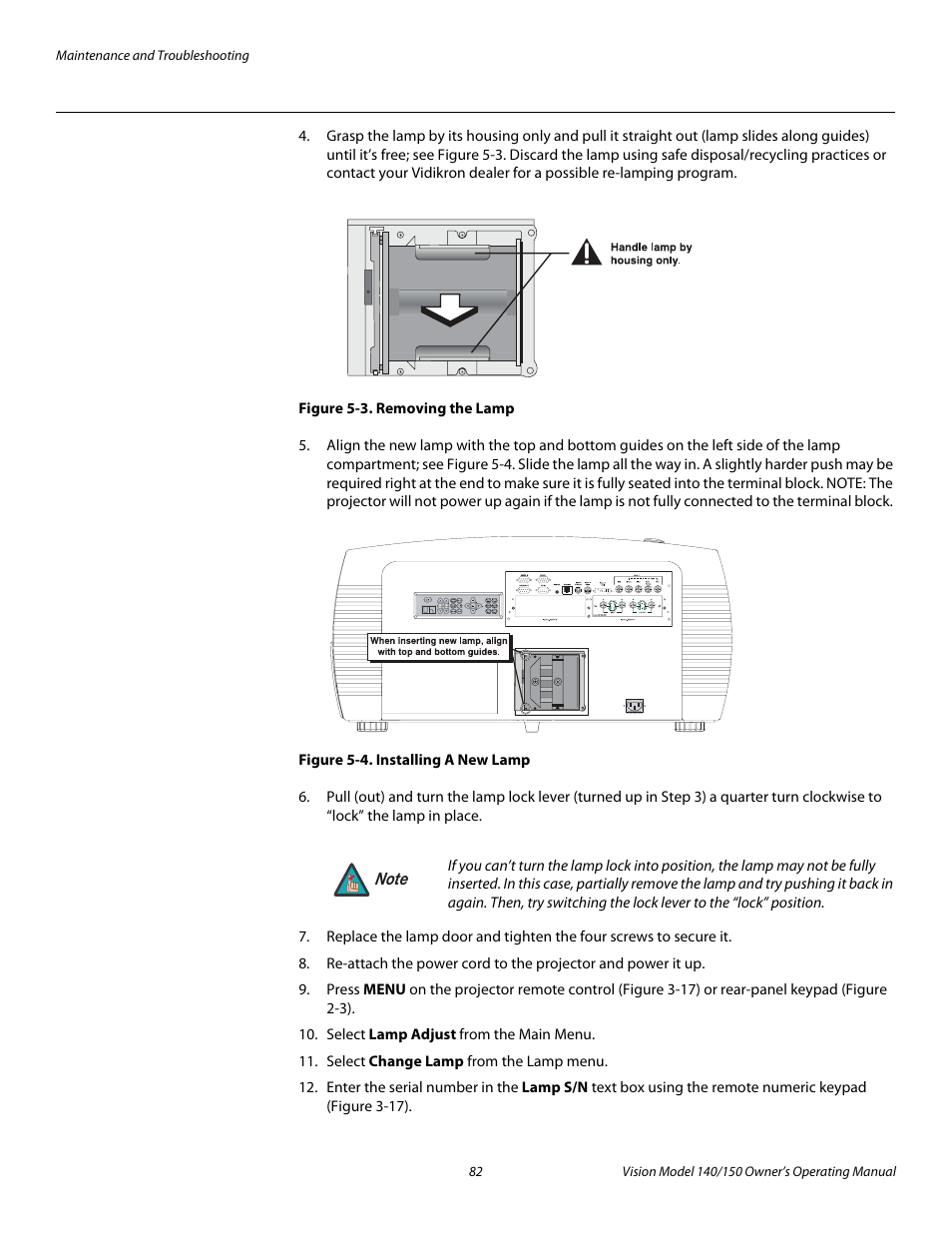 Figure 5-3 . removing the lamp, Figure 5-4 . installing a new lamp, 3. removing the lamp | 4. installing a new lamp, Pre l iminar y | Vidikron 140/150 User Manual | Page 94 / 114