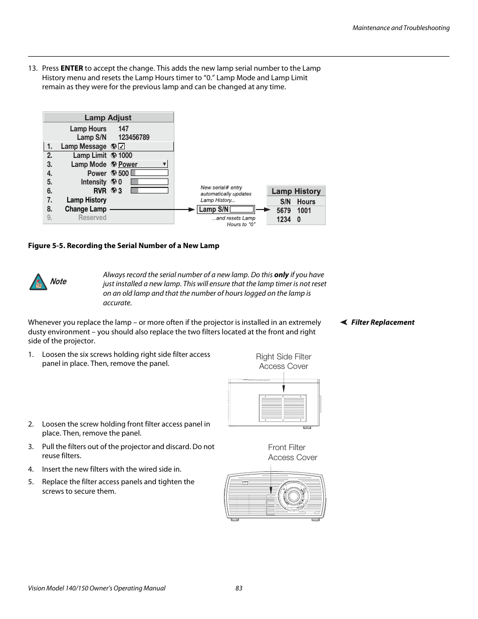 Filter replacement, 5. recording the serial number of a new lamp, Pre l iminar y | Vidikron 140/150 User Manual | Page 95 / 114