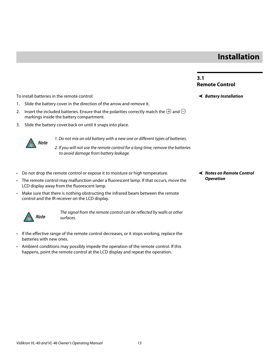 3 installation, 1 remote control, Battery installation | Notes on remote control operation, Installation, Remote control, Pre l iminar y | Vidikron VL-46 User Manual | Page 23 / 76