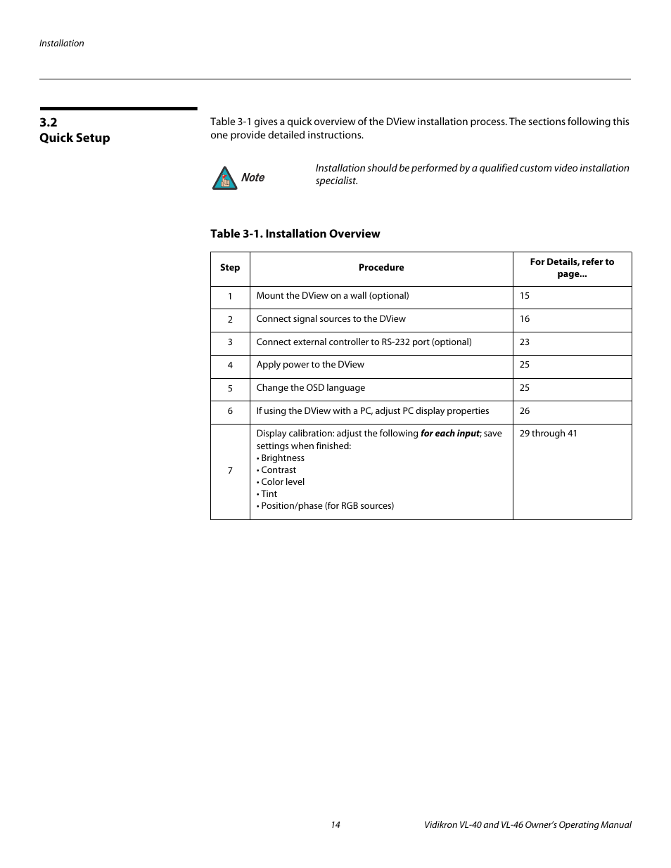 2 quick setup, Table 3-1 . installation overview, Quick setup | Pre l iminar y | Vidikron VL-46 User Manual | Page 24 / 76