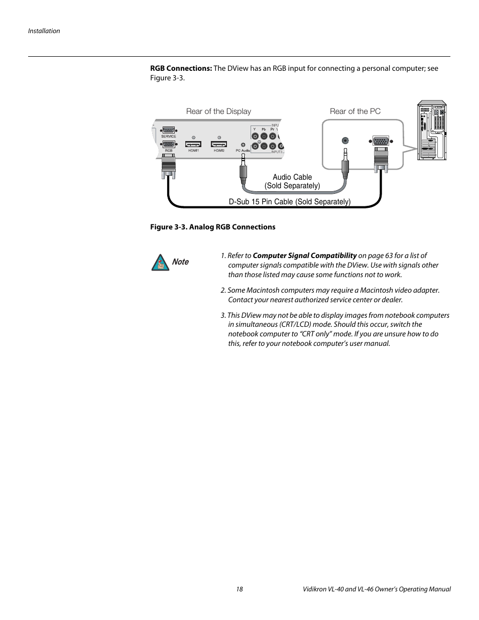 Rgb connections, Figure 3-3 . analog rgb connections, 3. analog rgb connections | Pre l iminar y | Vidikron VL-46 User Manual | Page 28 / 76