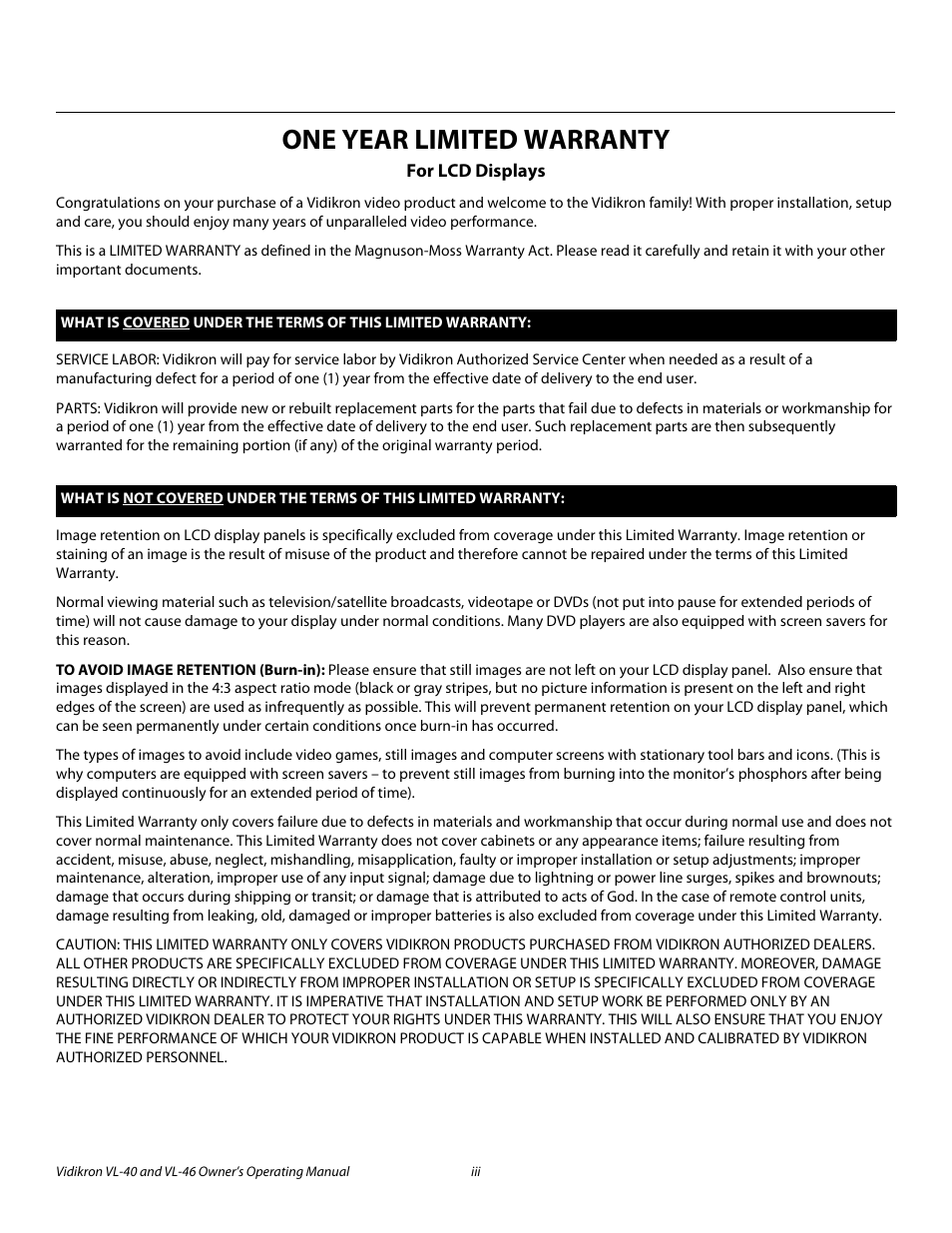 One year limited warranty, Pre l iminar y | Vidikron VL-46 User Manual | Page 3 / 76