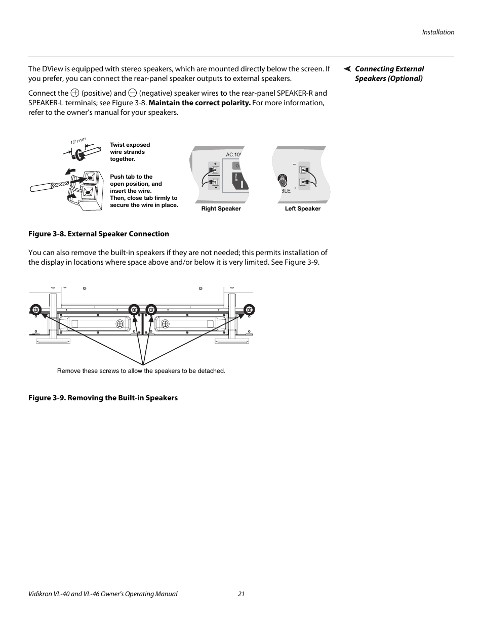 Connecting external speakers (optional), Figure 3-8 . external speaker connection, Figure 3-9 . removing the built-in speakers | 8. external speaker connection, 9. removing the built-in speakers, Pre l iminar y | Vidikron VL-46 User Manual | Page 31 / 76