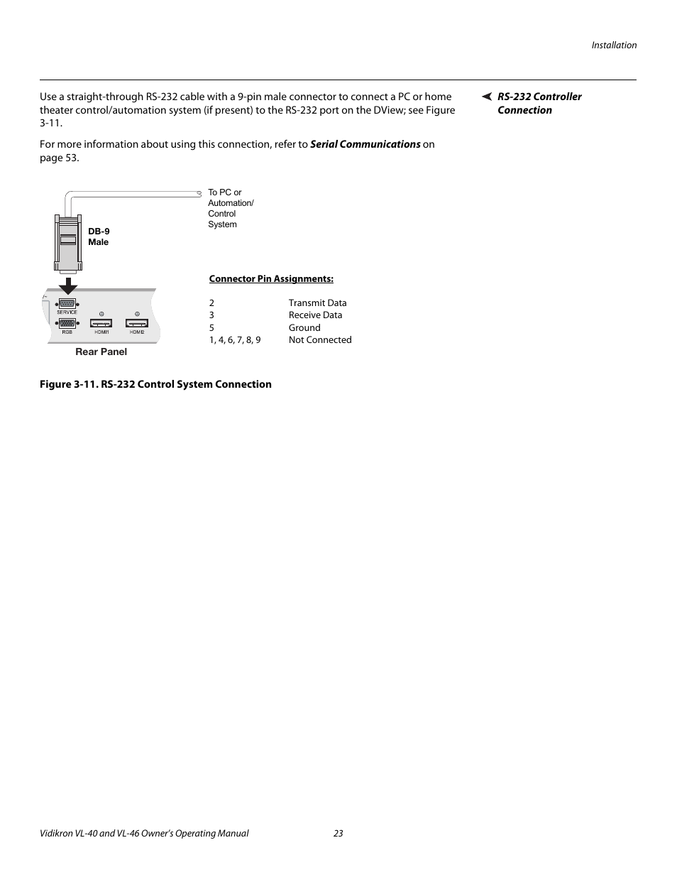 Rs-232 controller connection, Figure 3-11 . rs-232 control system connection, Iminar | 11. rs-232 control system connection, Pre l iminar y | Vidikron VL-46 User Manual | Page 33 / 76