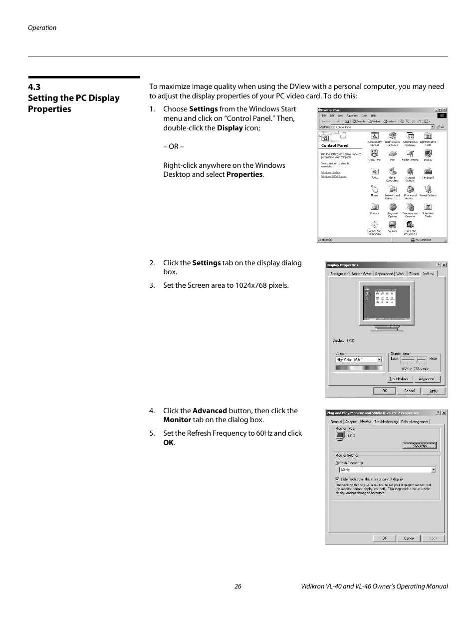 3 setting the pc display properties, Setting the pc display properties, Pre l iminar y | Vidikron VL-46 User Manual | Page 36 / 76
