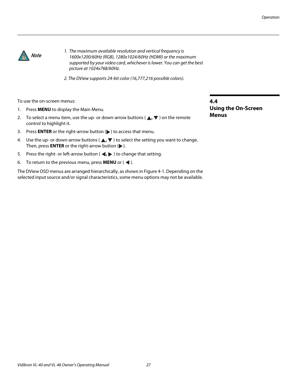 4 using the on-screen menus, Using the on-screen menus, Pre l iminar y | Vidikron VL-46 User Manual | Page 37 / 76