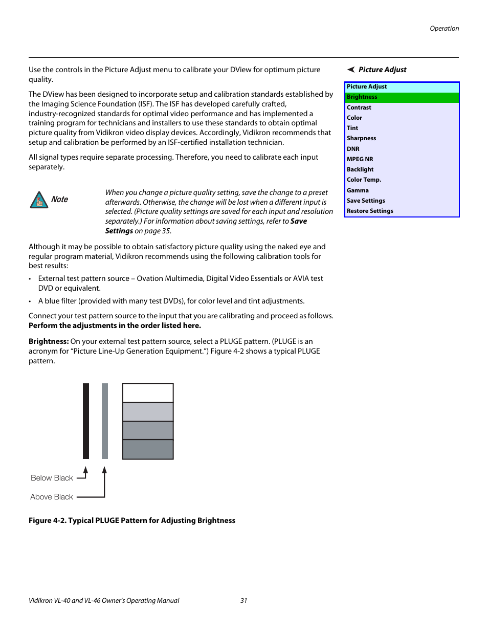 Picture adjust, Brightness, 2. typical pluge pattern for adjusting brightness | Pre l iminar y | Vidikron VL-46 User Manual | Page 41 / 76