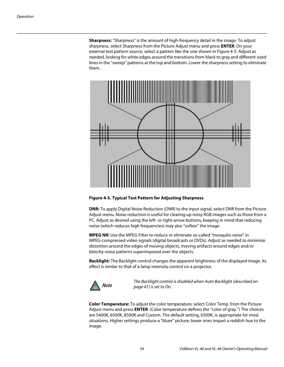 Sharpness, Mpeg nr, Backlight | Color temperature, 5. typical test pattern for adjusting sharpness, Pre l iminar y | Vidikron VL-46 User Manual | Page 44 / 76