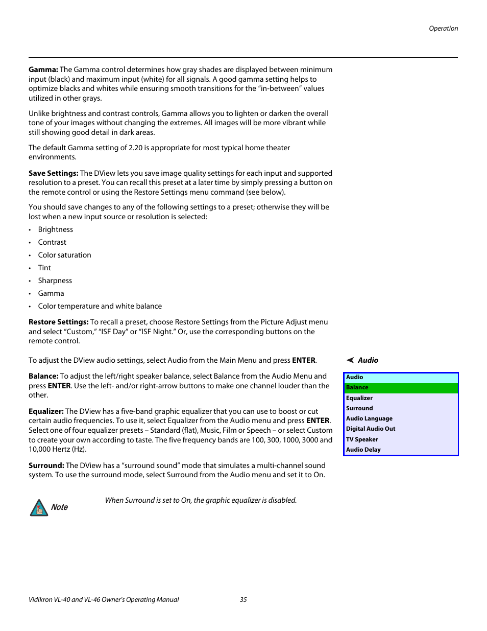 Gamma, Save settings, Restore settings | Audio, Balance, Equalizer, Surround, Pre l iminar y | Vidikron VL-46 User Manual | Page 45 / 76
