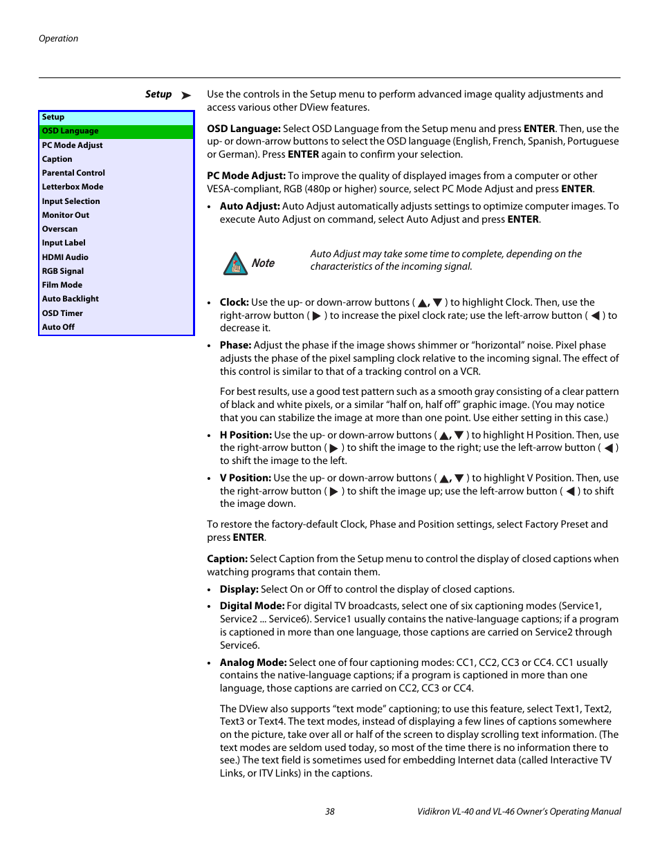 Setup, Osd language, Pc mode adjust | Caption, Pre l iminar y | Vidikron VL-46 User Manual | Page 48 / 76